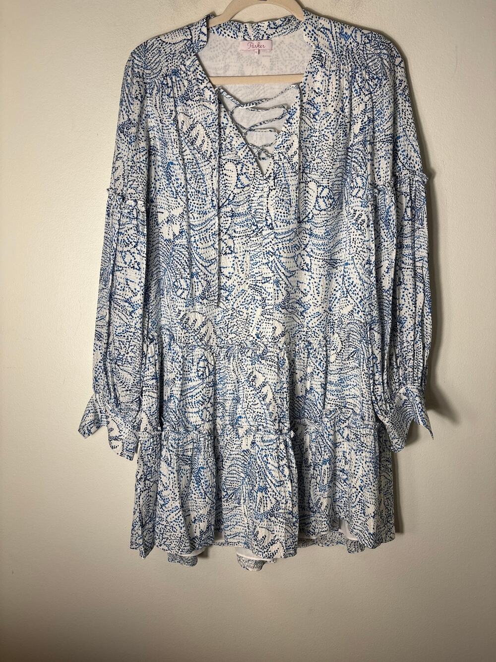 Parker Blue and White Long Sleeve Silk Tiered Mini Dress Sz S